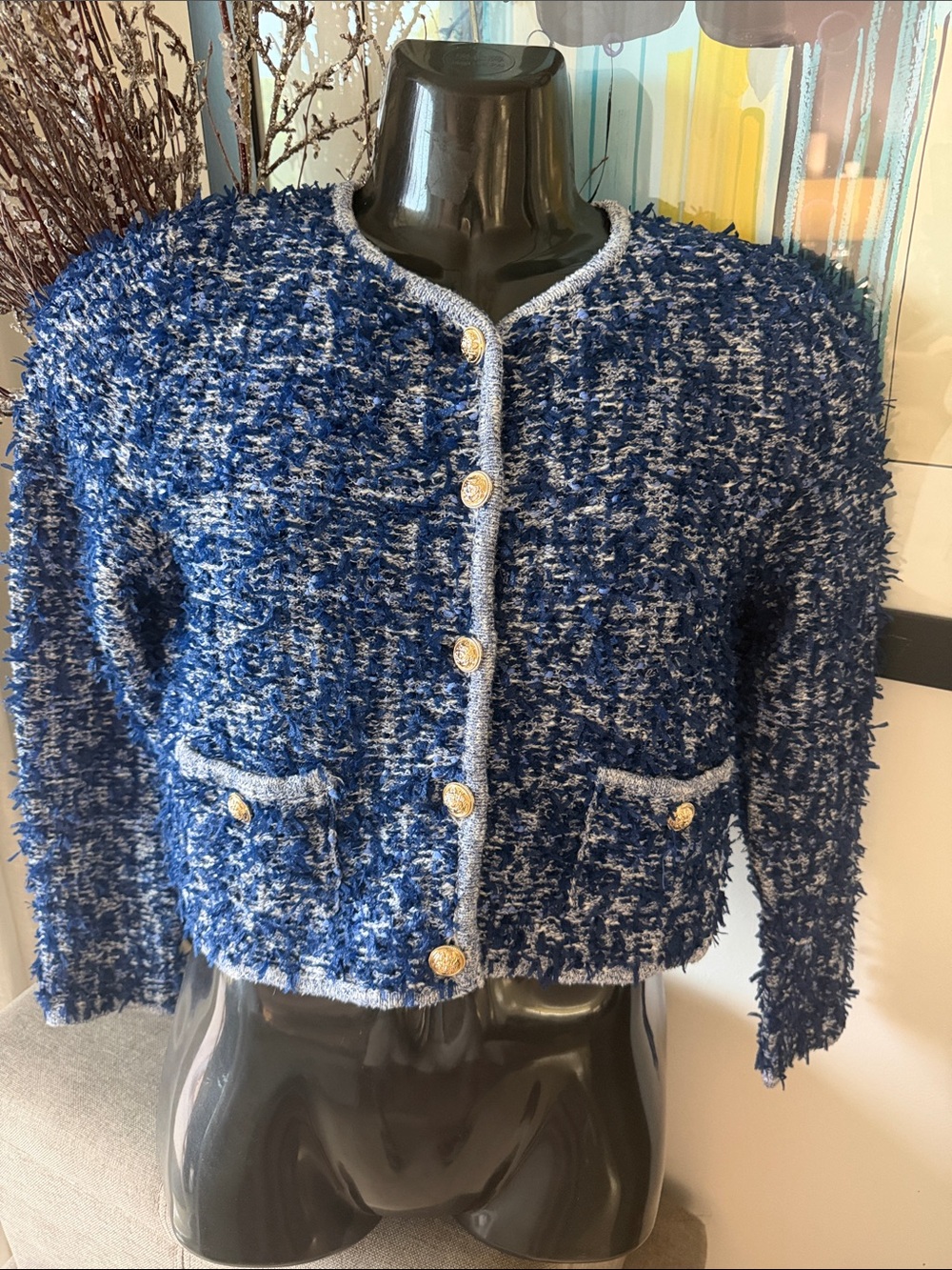 ZARA Blue Textured Bouclé Sweater/Jacket with Gold Buttons